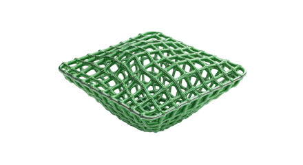 Abstract, intricately woven vibrant green mesh structure with metallic sheen, isolated on a transparent studio background, concept of secure data networks.