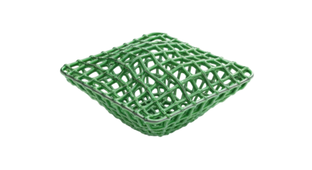 Abstract, intricately woven vibrant green mesh structure with metallic sheen, isolated on a transparent studio background, concept of secure data networks.