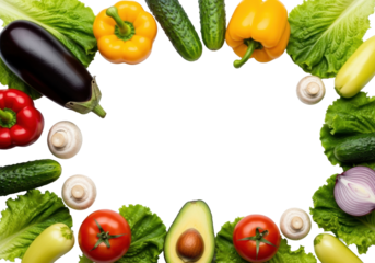 A vibrant assortment of fresh, raw vegetables, including eggplant, bell peppers, avocado, and lettuce leaves, artfully arranged on a clean matte white surface. Concept of healthy eating and natural