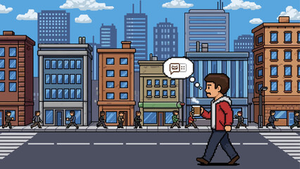 Pixel art illustration of a man walking through a busy downtown city scene while thinking about a new message notification, rendered in a retro 8-bit video game style