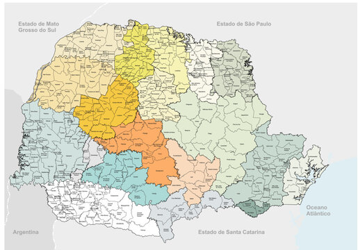 Mapa do Paran&aacute; com Divisas das cidades Vetorizado e Edit&aacute;vel - Divisa das cidades de Paran&aacute;