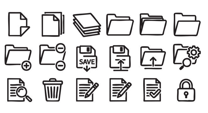 Collection of Office and Document Icon Set in Simple Doodle Style