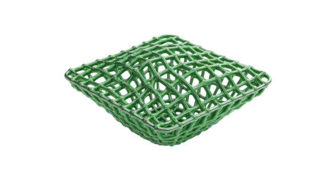 Abstract, intricately woven vibrant green mesh structure with metallic sheen, isolated on a transparent studio background, concept of secure data networks.