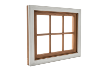 Meticulously crafted wooden window frame with subtle wood grain, white trim, and four empty translucent panes, isolated on a transparent background. Concept of clarity and opportunity