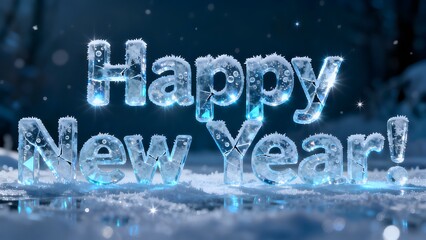 A 3D render displays the words Happy New Year! in large, transparent ice letters. Letters are placed on a surface of ice and snow