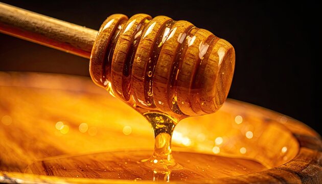 Close-up shot of golden honey dripping from a wooden dipper into a wooden bowl.
