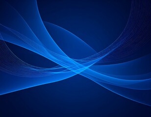 Curving, translucent, blue shapes intersect against a deep blue background, forming a dynamic, abstract pattern