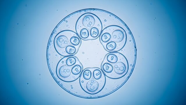 Eight cell stage human embryo under a microscope for IVF.