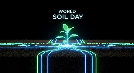 World soil day glowing plant growing from digital soil network