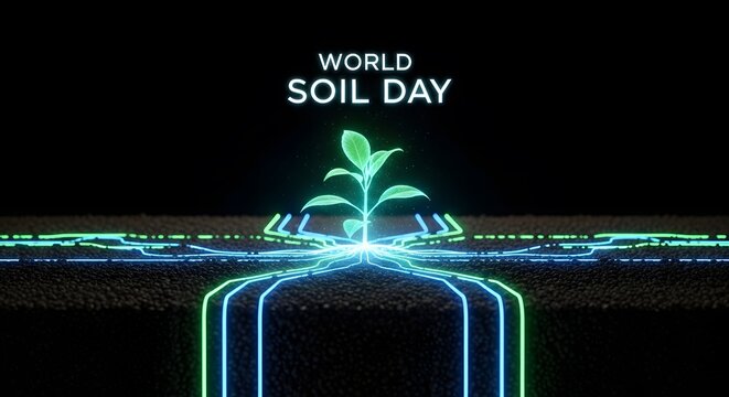 World soil day glowing plant growing from digital soil network