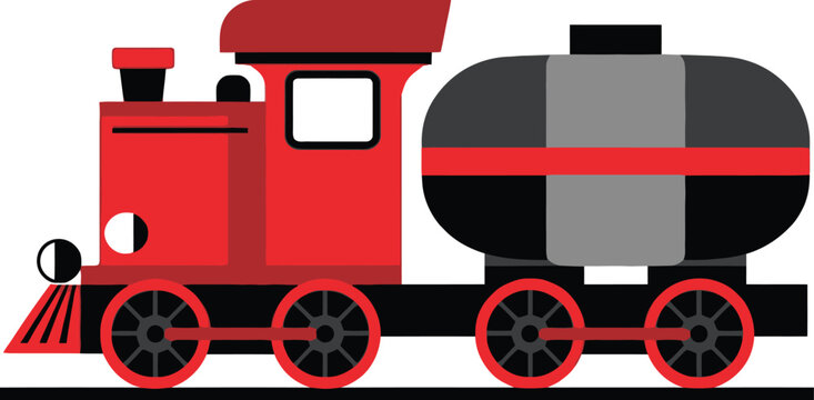 A cartoon illustration of a red train engine pulling a gray tank car on white background.