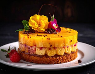 An exquisite layered fruit tart adorned with vibrant edible flowers and fresh raspberries.