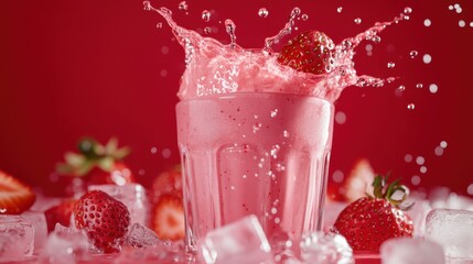 A refreshing strawberry smoothie splashes out of a glass surrounded by ice cubes and fresh strawberries against a vibrant red backdrop