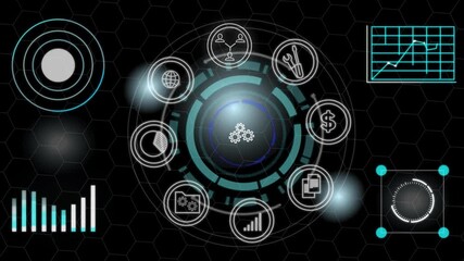 Technology and business process automation. Moving banner with financial charts, diagrams, business data and digital interface icons on dark alpha channel for overlay. Neon graphic animated footage - Powered by Adobe