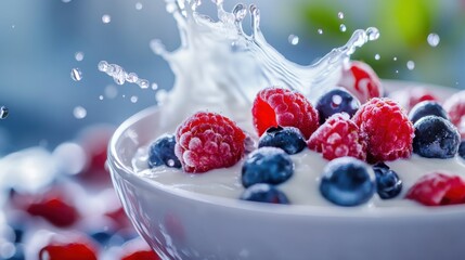 A refreshing bowl of yogurt topped with fresh raspberries and blueberries, with a splash of liquid creating a dynamic and appetizing scene