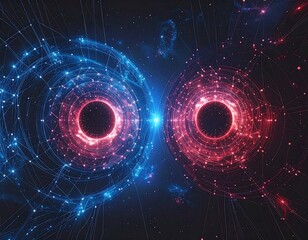 Duality. Two glowing abstract spheres, one blue, one red, connected in a cosmic network on a dark starry backdrop