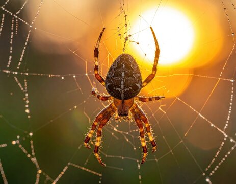 A close-up macro photograph captures an orb-weaver spider silhouetted against the brilliant golden light of sunrise or sunset.