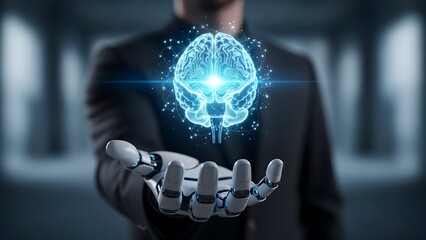 Robotic Hand Holding a Glowing Digital Brain Representing Artificial Intelligence.