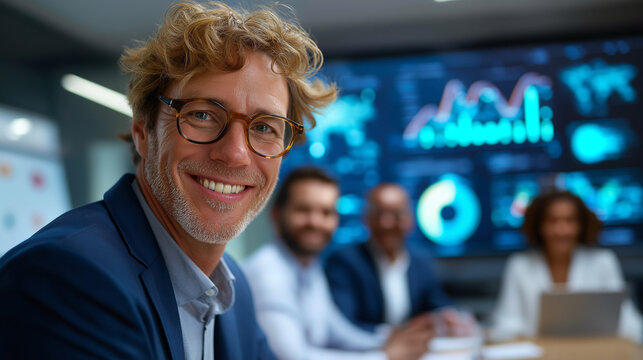 Data analyst showcasing record ROI chart on big screen, stakeholders smiling, KPIs exceed goal, with copy space