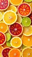Obraz premium Vibrant overhead close-up of assorted sliced citrus fruits including oranges, lemons, and blood oranges.