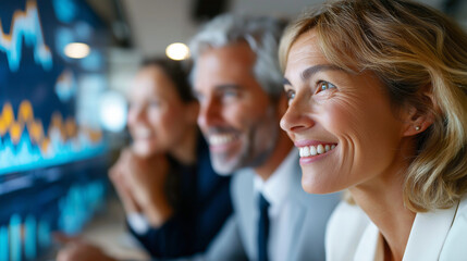 Data analyst showcasing record ROI chart on big screen, stakeholders smiling, KPIs exceed goal, with copy space