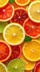 A vibrant close-up arrangement of colorful citrus fruit slices including lemons, limes, and various oranges.