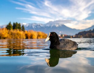 Coot swims on a lake with autumn trees and snow-capped mountains in the background under a blue, cloudy sky