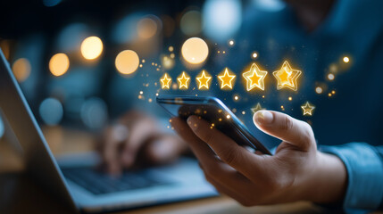 UX designer presenting award-winning app at demo day, glowing ratings and reviews on screen, product excellence, with copy space