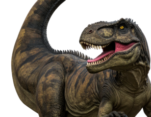 Large, fearsome predator with textured, brown skin; tail curved; yellow eyes and pink mouth visible