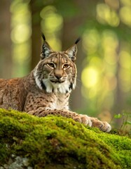 Obraz premium A stunning portrait of an Iberian Lynx resting on bright green moss in a sunlit forest.