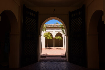 Malaga, Spain - August 06, 2024: Walls and bastion of the castle fort Gibralfaro in Malaga. Castillo de Gibralfaro.