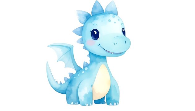 Cute baby blue dragon illustration, softly shaded, white background, friendly face and wing details
