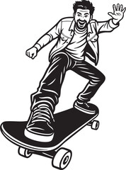 Fototapeta premium Black and white illustration of a man skateboarding, waving, and smiling with joy.