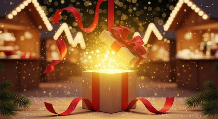 Golden Gift Box Bursting With Light And Red Ribbon In Festive Christmas Scene