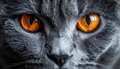 A striking close-up portrait of a grey cat featuring intensely glowing orange eyes.