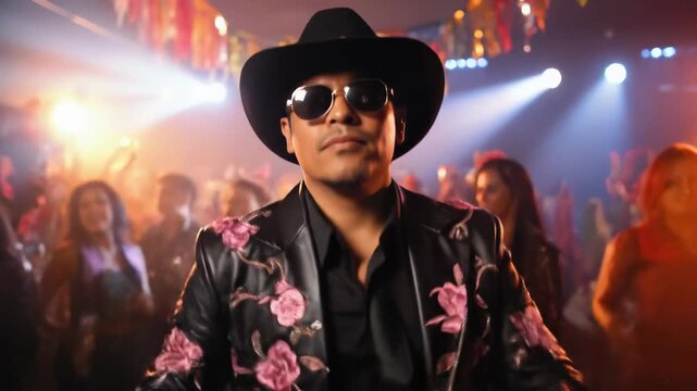 Charismatic person donning a dark western hat, sleek glasses, intricate floral garment, amid an animated throng, under brilliant stage lights, enjoying a festive evening event.