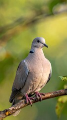 Naklejka premium A close-up portrait of an Eurasian Collared Dove perched on a branch with a bright, blurred green background.