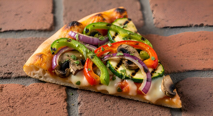Delicious vegetarian pizza slice with vibrant grilled vegetables on rustic brick background inviting healthy meal options and a taste of authentic Italian cuisine