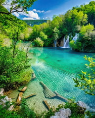 Cascading Waterfalls and Turquoise Lakes in Plitvice Lakes National Park, Croatia