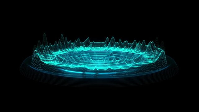 Circular Audio Visualizer Overlay &ndash; 3D Neural Sound Ring Animation Loop for Tech HUD and Digital Reactive Music Interfaces &ndash; Cyan Blue