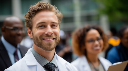 Doctor completing residency, white coat ceremony photo, proud family nearby, future begins, with copy space