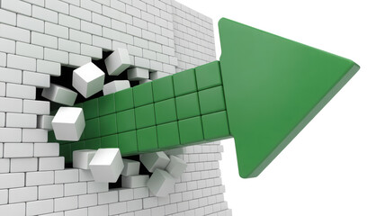 Green arrow smashing through brick wall shows growth and breaking barriers concept