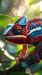 Vibrant close-up portrait of a brightly colored panther chameleon resting on a branch in lush greenery.