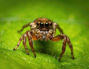 Fototapeta premium An extreme close-up macro photograph captures the intense gaze of a jumping spider on a vibrant green leaf.