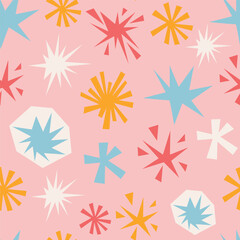 Pastel pink seamless pattern with irregular stars and simple geometric shapes in soft collage cartoon style. Cute background for Happy Birthday wrap, baby textile, nursery decor.
