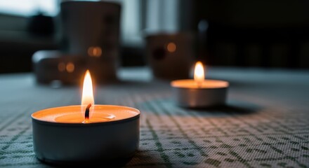 Two lit tea light candles glowing in the dark