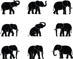 Stylized Black Elephant Vector Outlines Set, Wildlife Mammal Graphics, African and Asian Animal Icons, Collection of Detailed Minimalist Silhouettes, Bold Dark Shapes