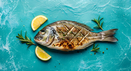 Grilled dorado presentation with lemon and rosemary sprigs on a vibrant turquoise surface, enticing culinary enthusiasts and food bloggers with fresh flavors