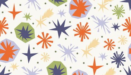 Funny seamless pattern with quirky irregular stars, dots and simple geometric shapes in bright collage cartoon style. Perfect for Happy Birthday wrap, baby textile, kid decor, cheerful prints.