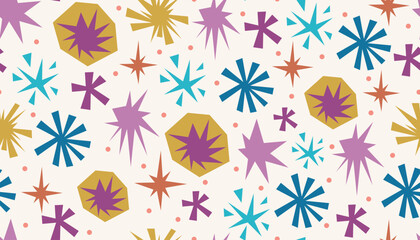Colorful seamless pattern made of bold cut stars, dots and basic geometric forms in lively flat collage look. Great for birthday wrapping paper, infant fabric, childrens room and joyful uses.